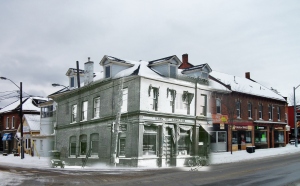 Layering a 1915 photograph of Bank of Hamilton building over present building on Main Street West, Grimsby, Ontario.