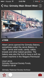 Colourized image of downtown Grimsby, Ontario c. 1936. I use this image in the app to tell the history of the Jarvis Bakery.